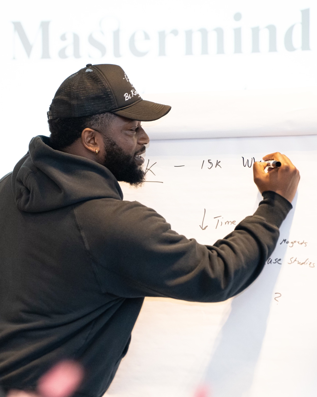 A man in a black cap and hoodie writing on a whiteboard, with the word “Mastermind” faintly visible above him