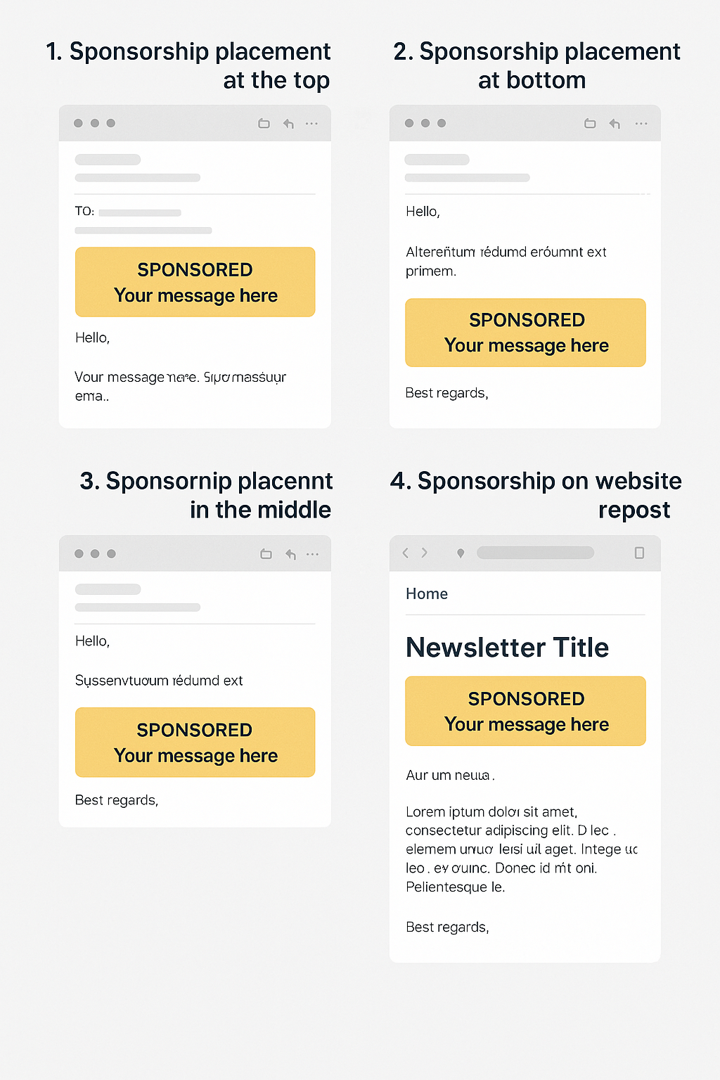 Four example newsletter layouts labelled “Sponsorship placement at the top”, “at bottom”, “in the middle” and “Sponsorship on website repost”, each showing where a sponsored message appears